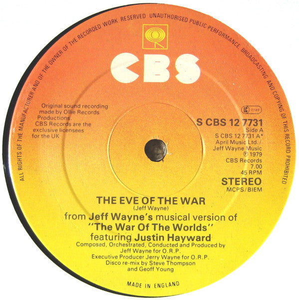 Jeff Wayne : The Eve Of The War (12", Single)