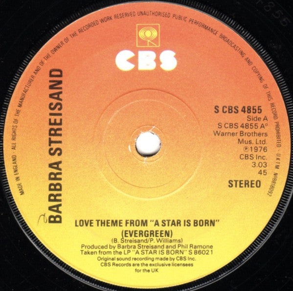 Barbra Streisand : Love Theme From "A Star Is Born" (Evergreen) (7", Sol)