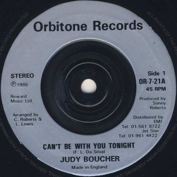 Judy Boucher : Can't Be With You Tonight (7",45 RPM,Single,Repress,Stereo)