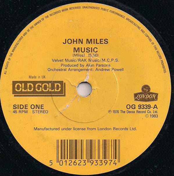 John Miles : Music / Slow Down (7", Single, RE, RP)