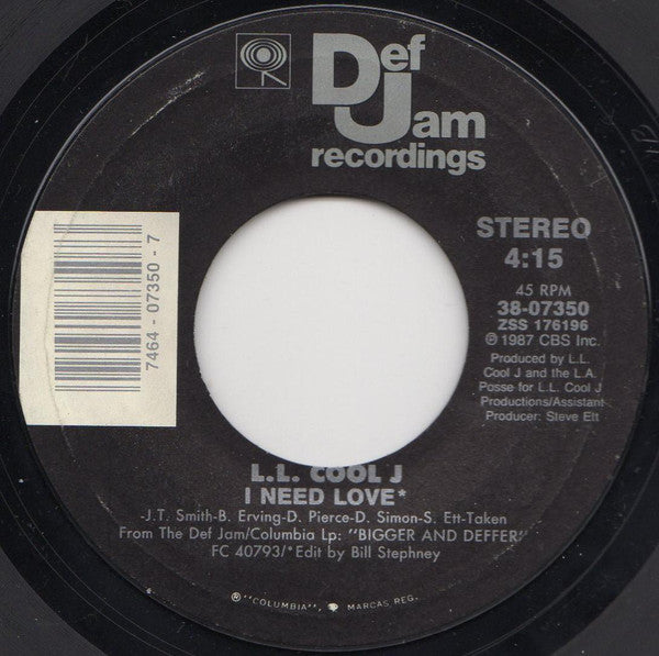 LL Cool J : I Need Love / My Rhyme Ain't Done (7", Single, Styrene, Car)