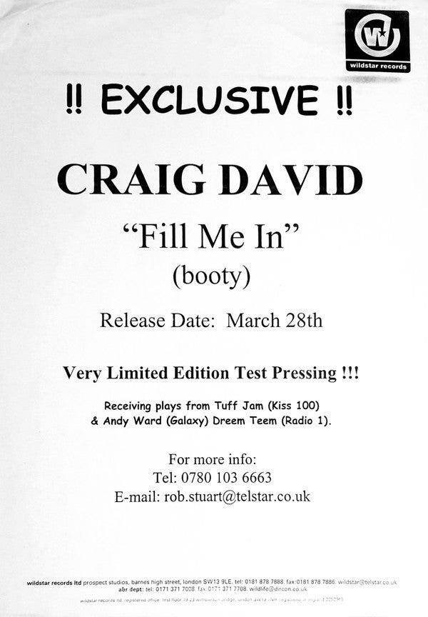 Craig David : Fill Me In (12", S/Sided, Ltd, TP, W/Lbl)