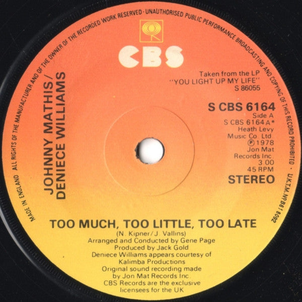 Johnny Mathis / Deniece Williams : Too Much, Too Little, Too Late (7",45 RPM,Single)