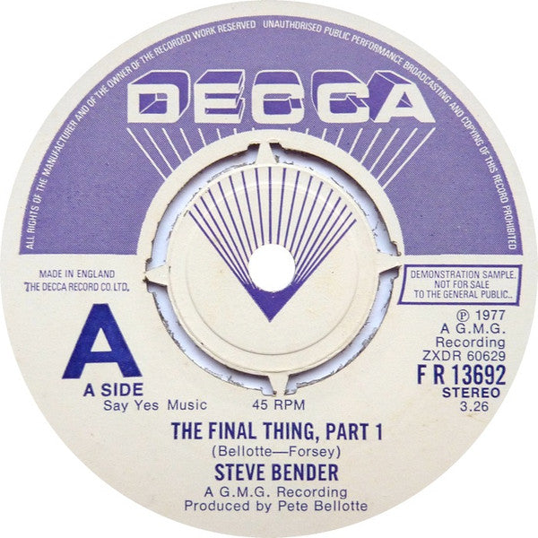 Steve Bender : The Final Thing (7",45 RPM,Single,Promo)